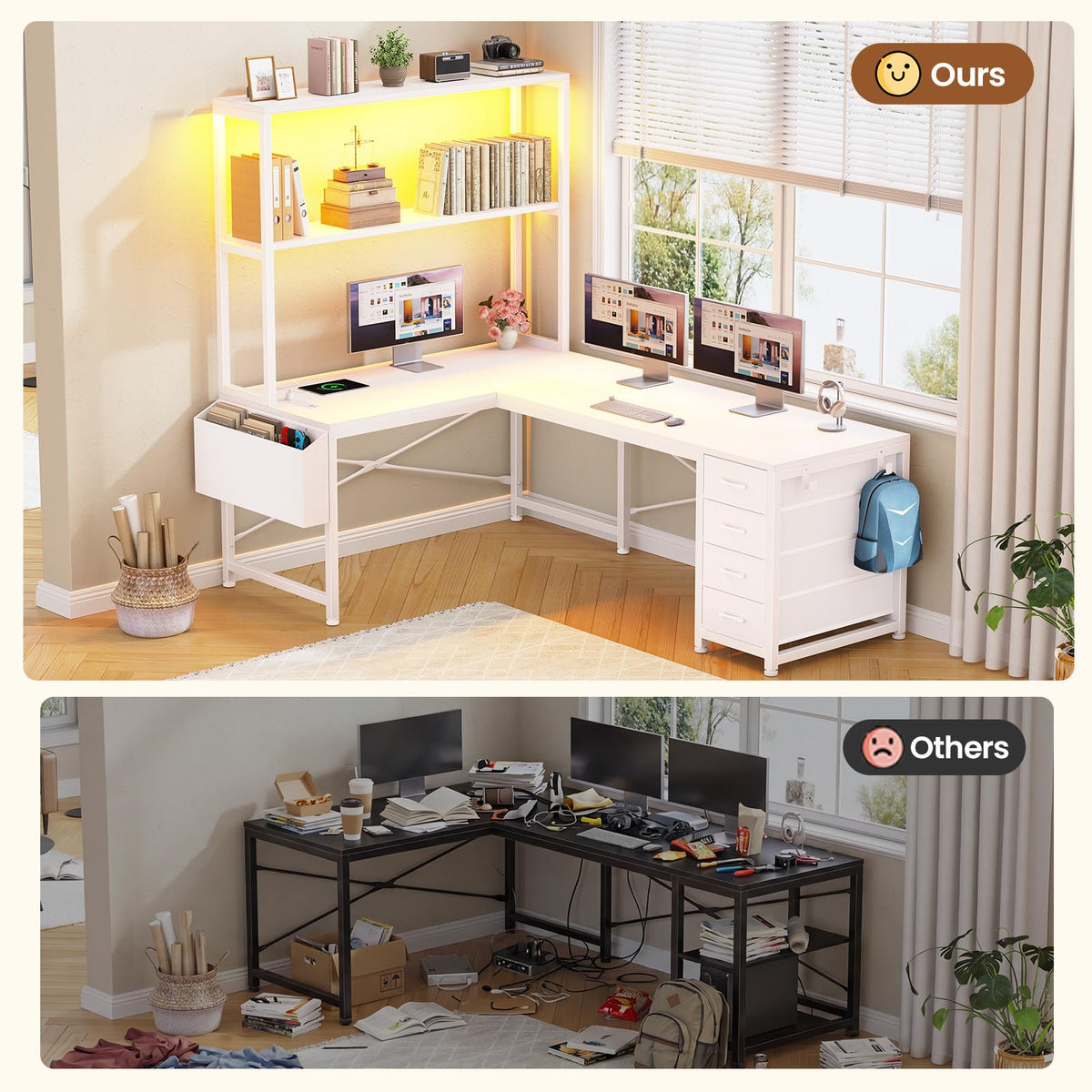 L Shaped Corner Desk with 4 Drawer, Power Outlet & LED Lights, White K879258