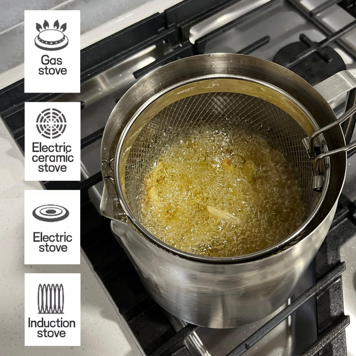 304 Stainless Steel Deep Fryer Pot with Basket and Oil Strainer, 3.5 L I280