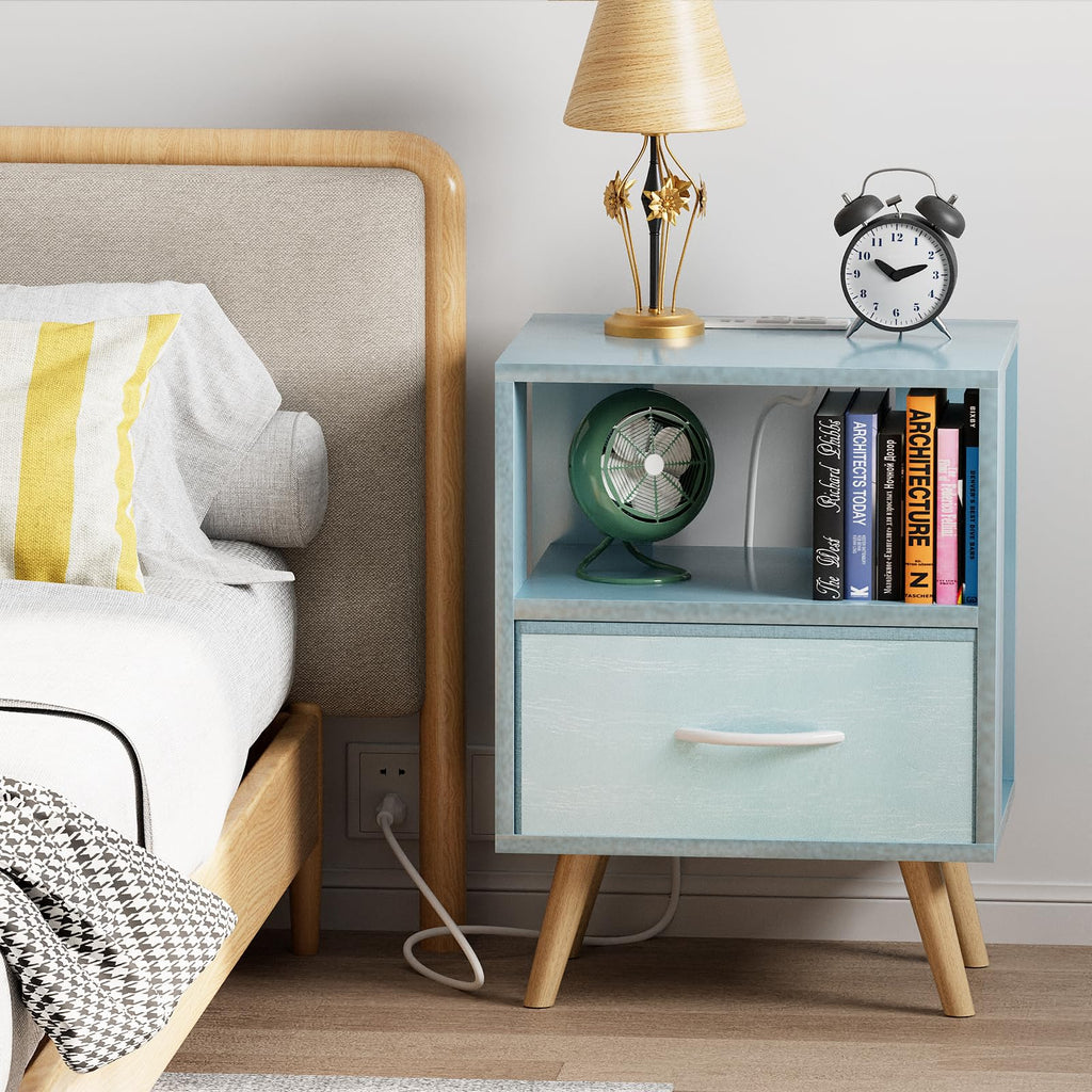 Blue Nightstand with Charging Station, 2-Tier Wooden Bedside Table V79515