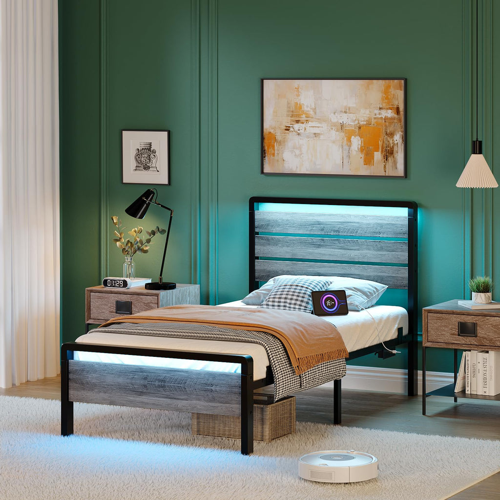 Twin Bed Frame Set of 2 with LED Headboard and USB Charging Station K838872