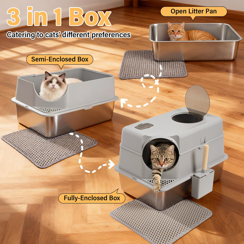 XL Stainless Steel Enclosed Cat Litter Box with Lid O78630