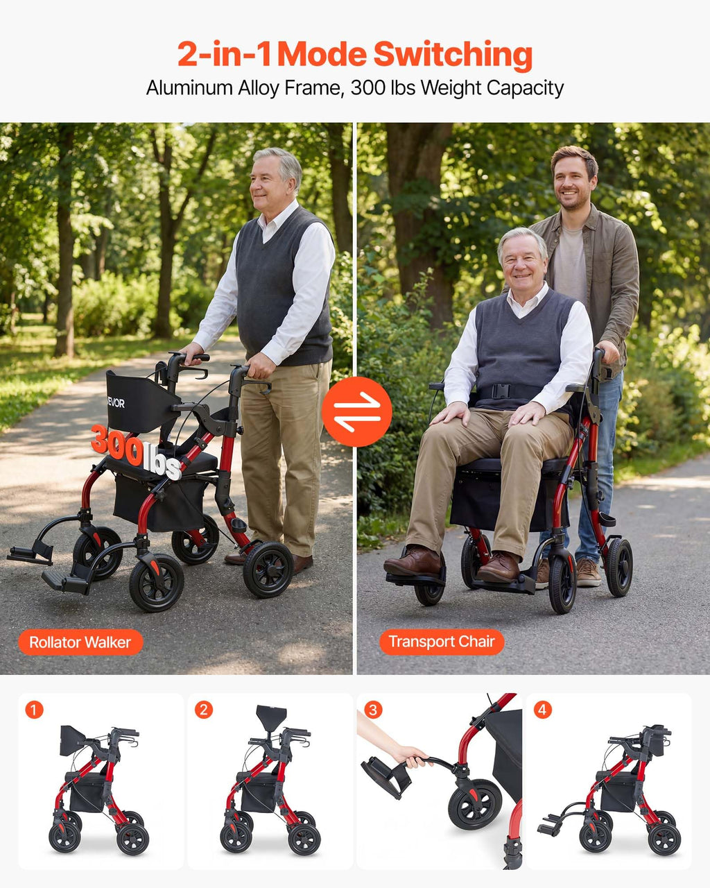 2-in-1 Foldable Aluminum Rollator Walker & Transport Chair B274