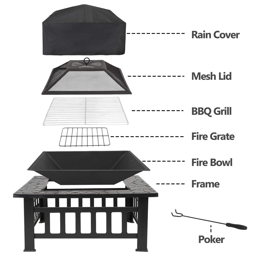 32" Square Metal Wood Burning Fire Pit Table Y6553
