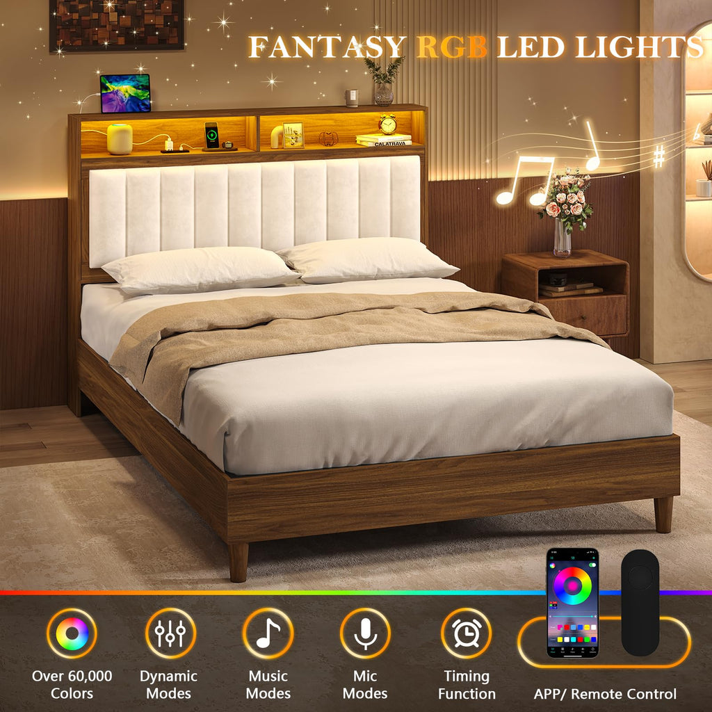 Wood Full Size Bed Frame with Charging Station & LED Lights Q9762