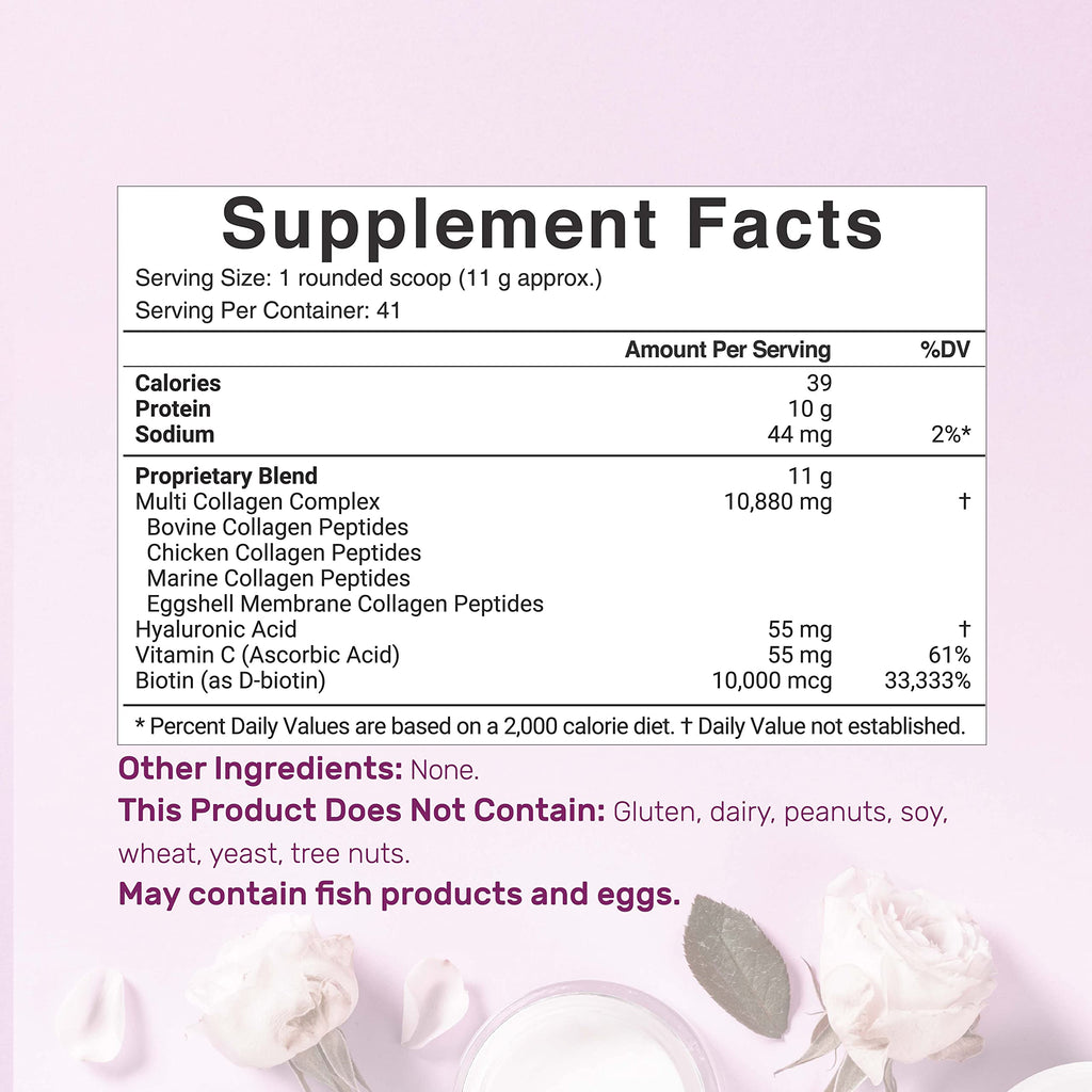 Multi Collagen Protein Powder, 1Lb Type I II III V X Peptides with Biotin Vitamin C & Hyaluronic Acid, Unflavored Z3106
