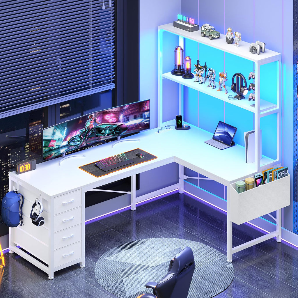 L Shaped Corner Desk with 4 Drawer, Power Outlet & LED Lights, White K879258