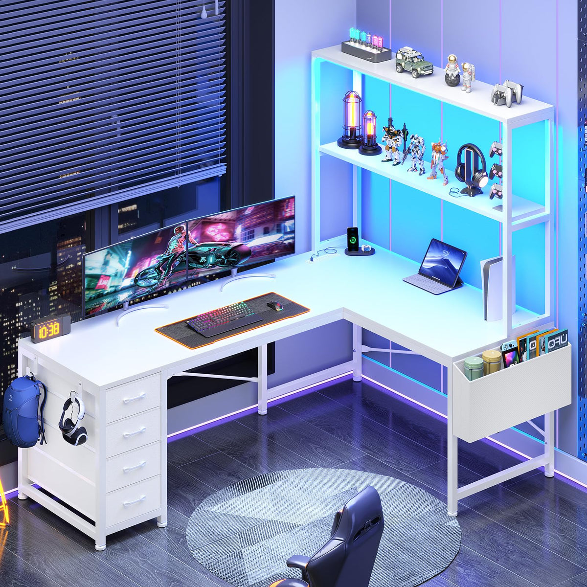 L Shaped Corner Desk with 4 Drawer, Power Outlet & LED Lights, White K879258