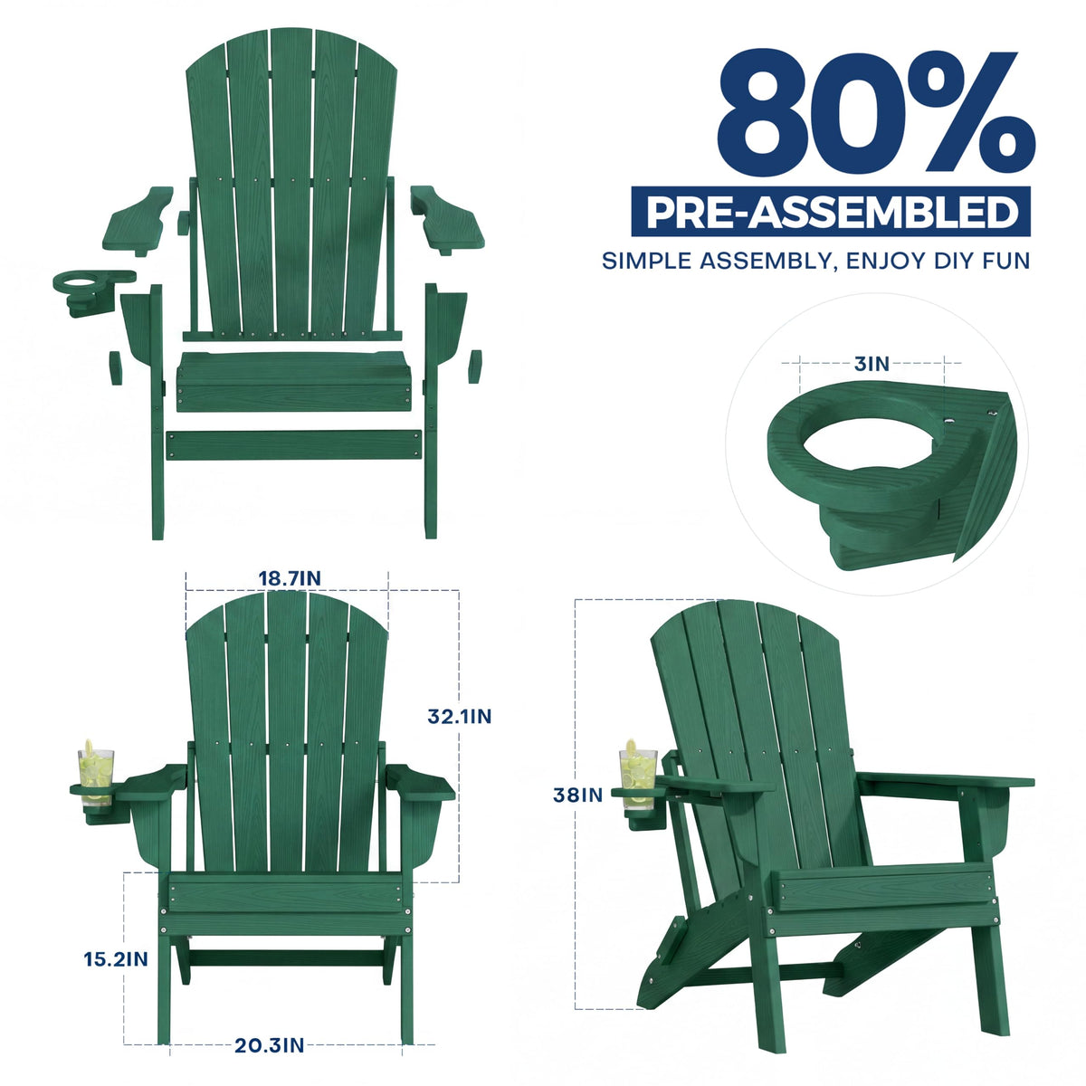 Folding Adjustable Adirondack Chair Set of 2 Green C265