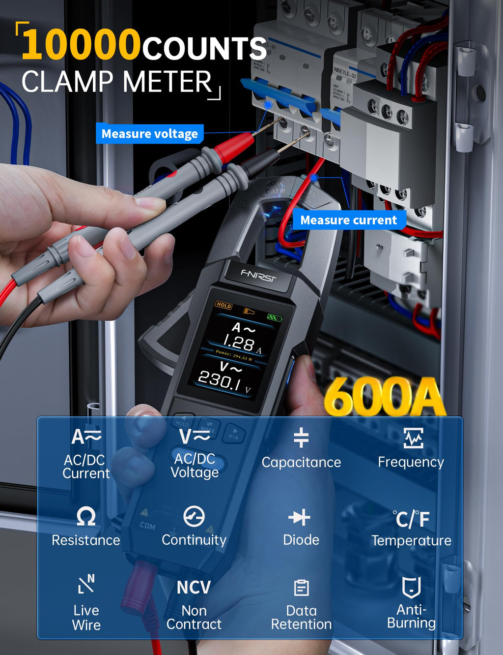 Clamp Meter 9999 Counts TRMS 600A AC/DC J3248