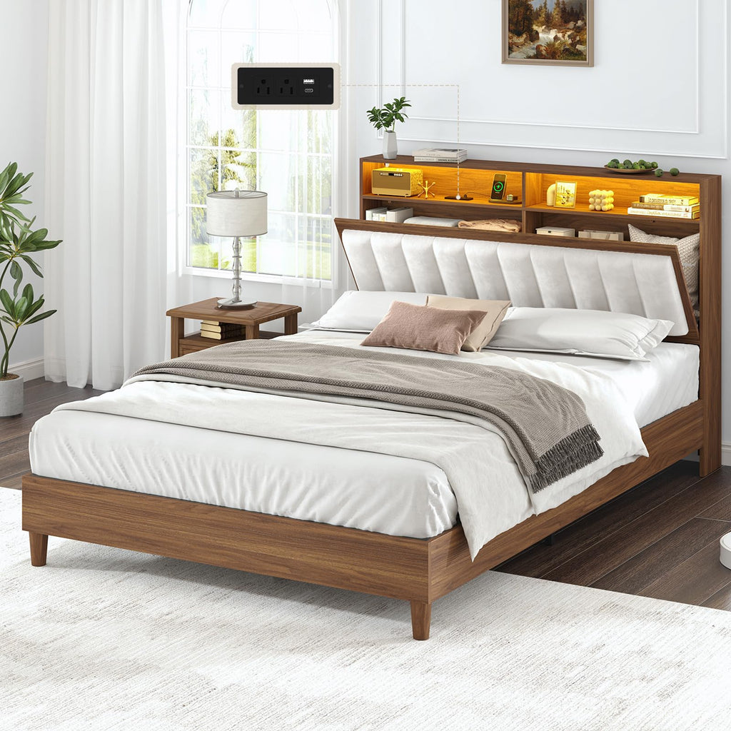Wood Full Size Bed Frame with Charging Station & LED Lights Q9762