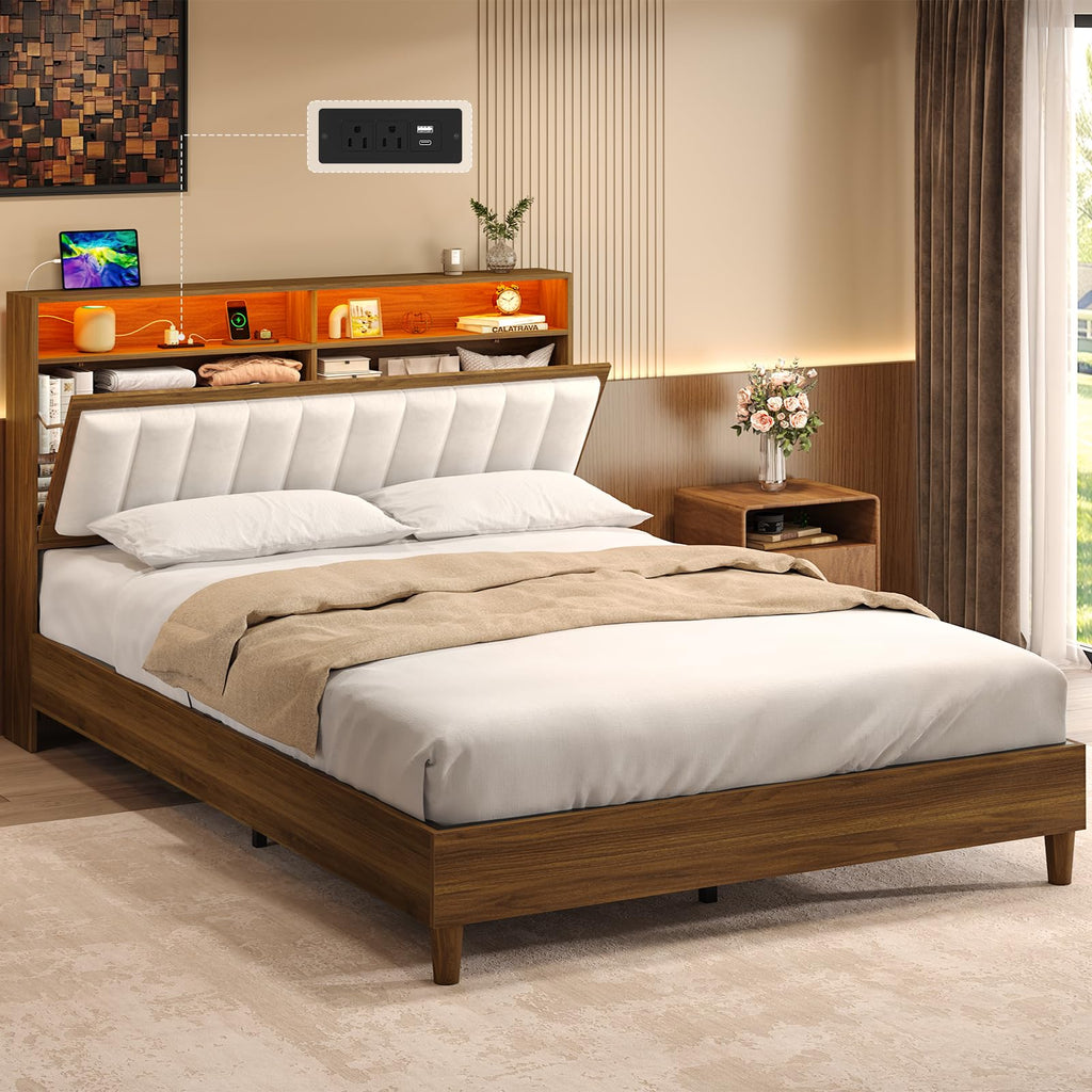 Wood Full Size Bed Frame with Charging Station & LED Lights Q9762