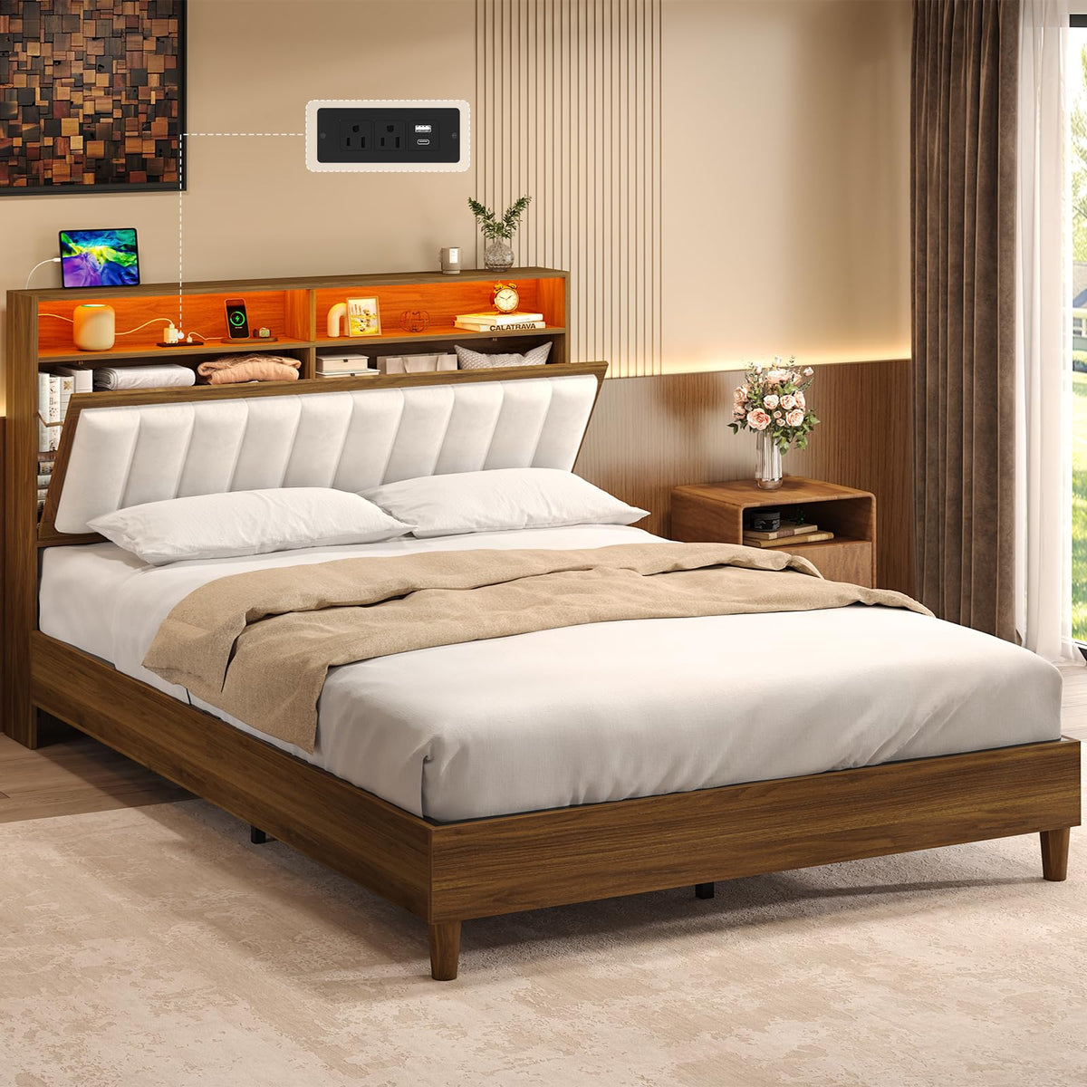 Wood Full Size Bed Frame with Charging Station & LED Lights Q9762