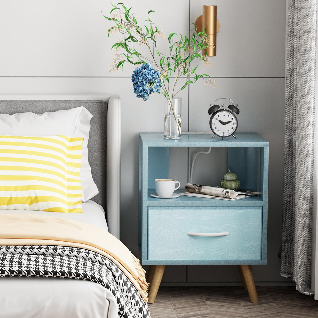 Blue Nightstand with Charging Station, 2-Tier Wooden Bedside Table V79515