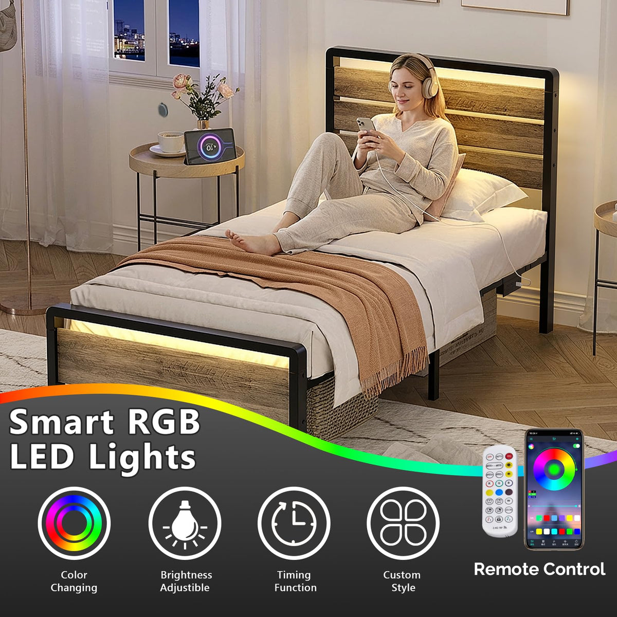 Twin Bed Frame Set of 2 with LED Headboard and USB Charging Station K838872