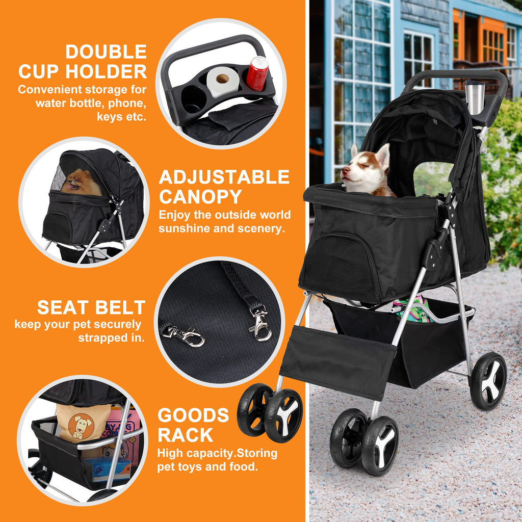 4 Wheels Foldable Pet Stroller with Storage Basket and Cup Holder M24985
