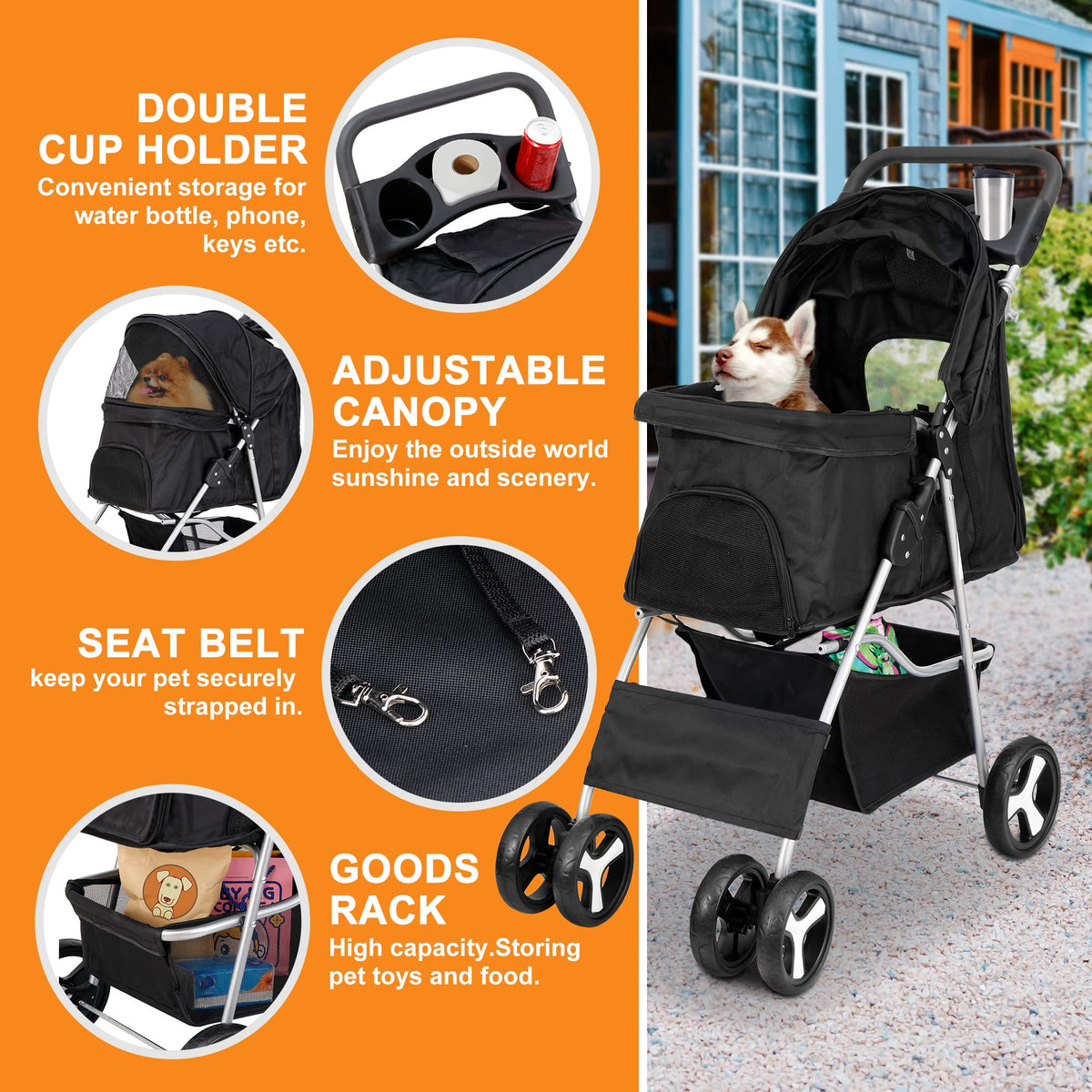 4 Wheels Foldable Pet Stroller with Storage Basket and Cup Holder M24985
