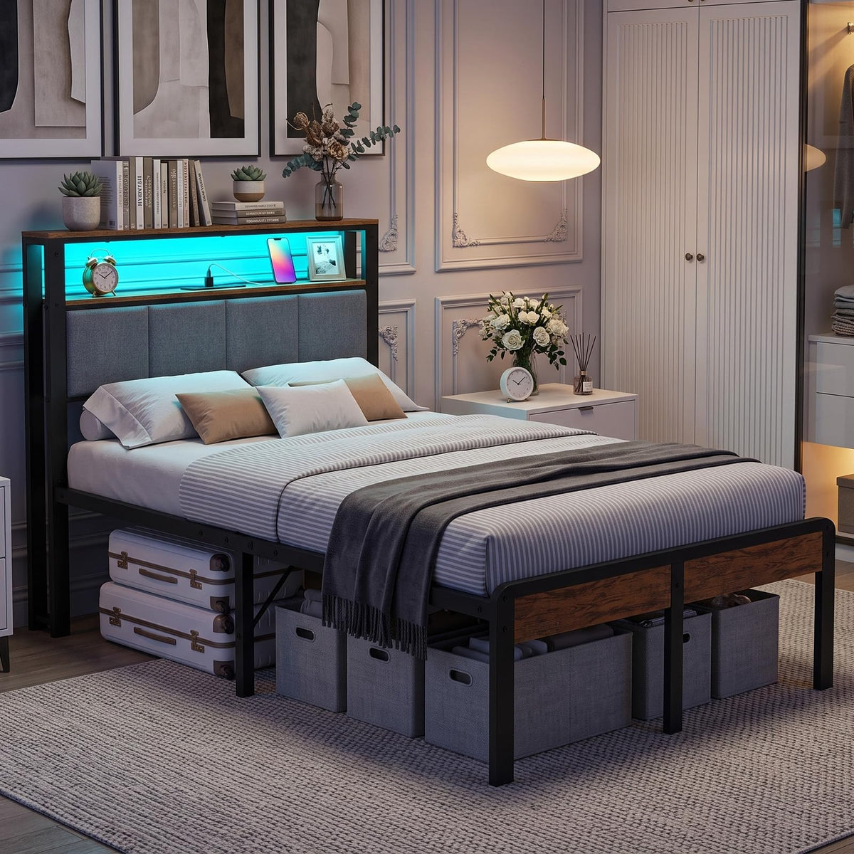 Twin Bed Frame with 18-Inch Under-Bed Storage and RGB LED Lights E2433