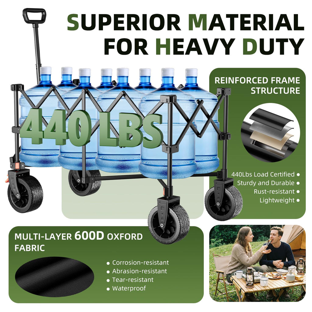 38" Collapsible Extended Wagon, 440lbs Capacity, 220L Heavy Duty Folding Cart, Black G526496