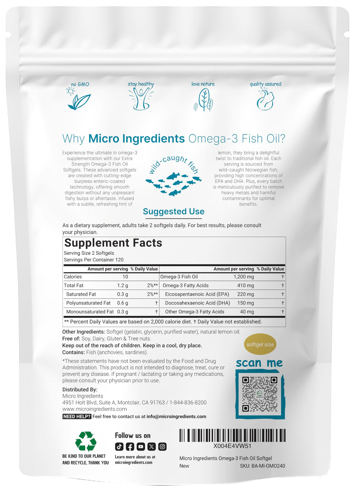 Omega 3 Fish Oil 1,200mg 240 Softgels Lemon Flavored Burpless EPA DHA F759