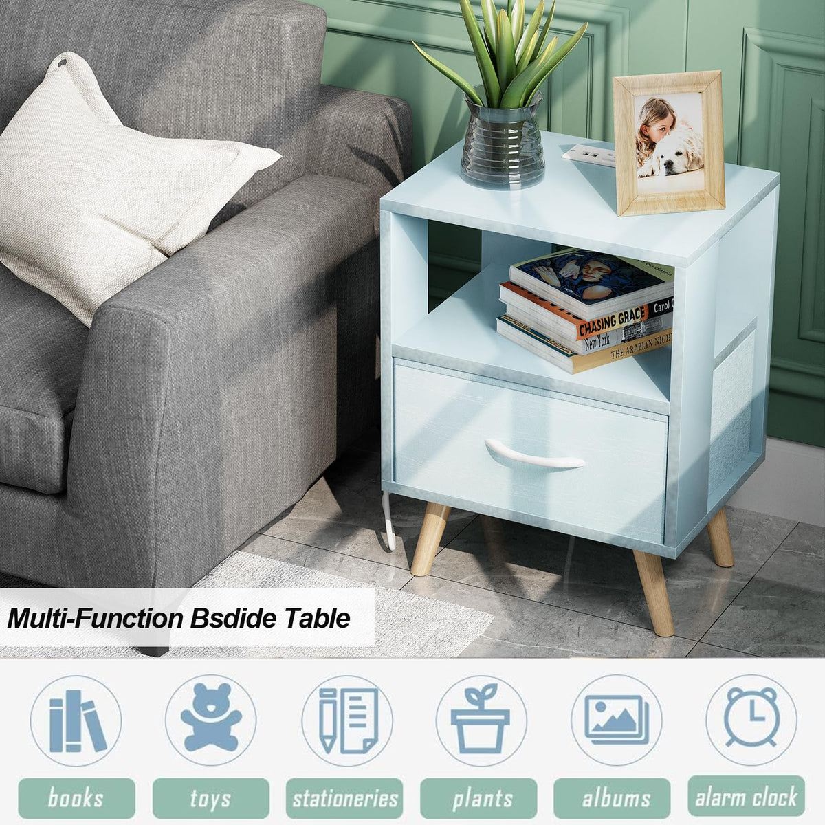 Blue Nightstand with Charging Station, 2-Tier Wooden Bedside Table V79515
