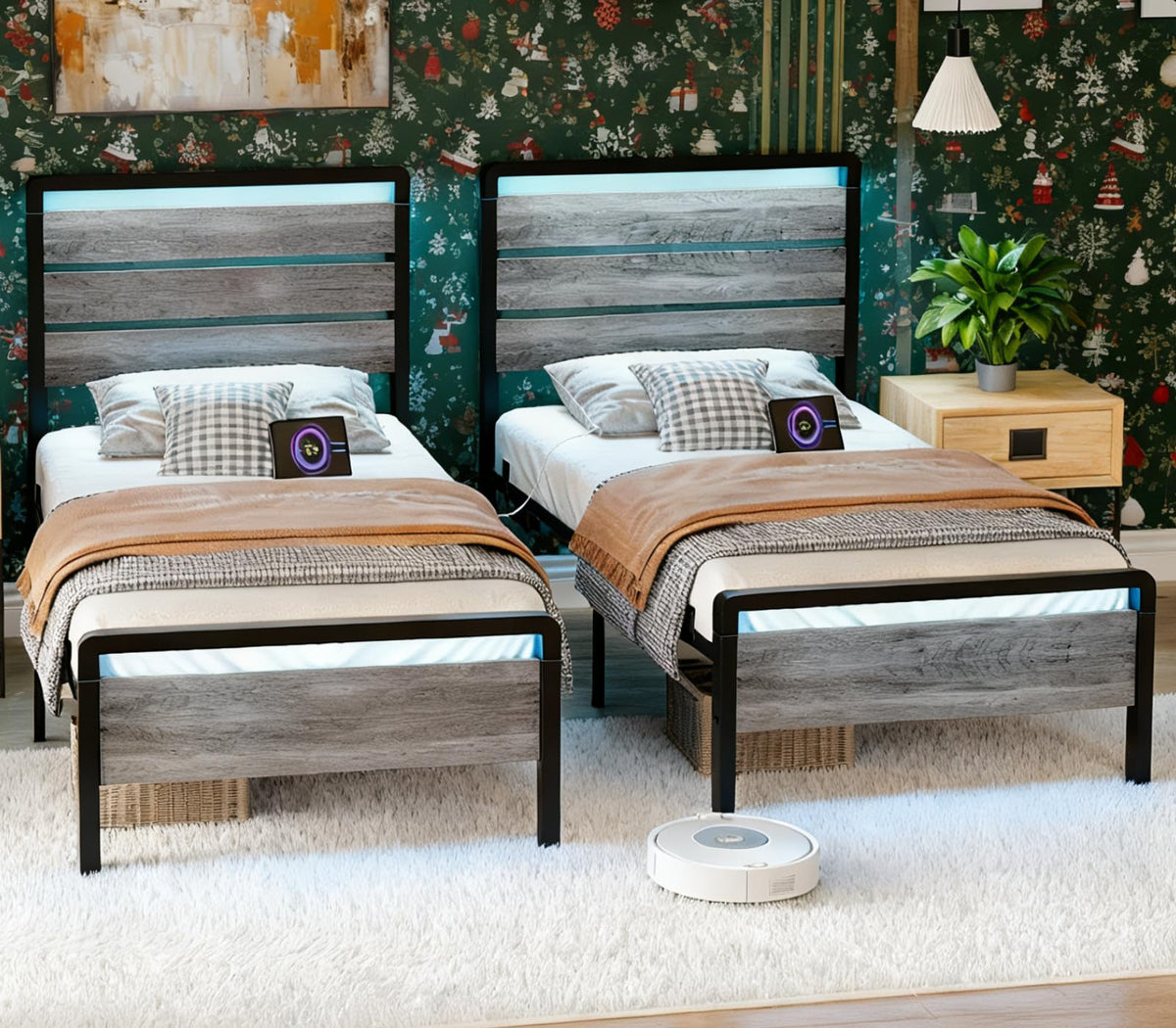 Twin Bed Frame Set of 2 with LED Headboard and USB Charging Station K838872