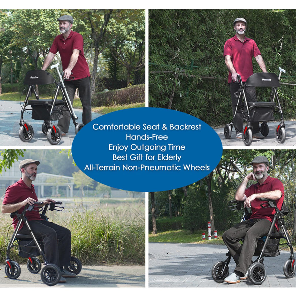 Lightweight Folding Rollator Walker with Seat, 10" All-Terrain Wheels, Black B972418