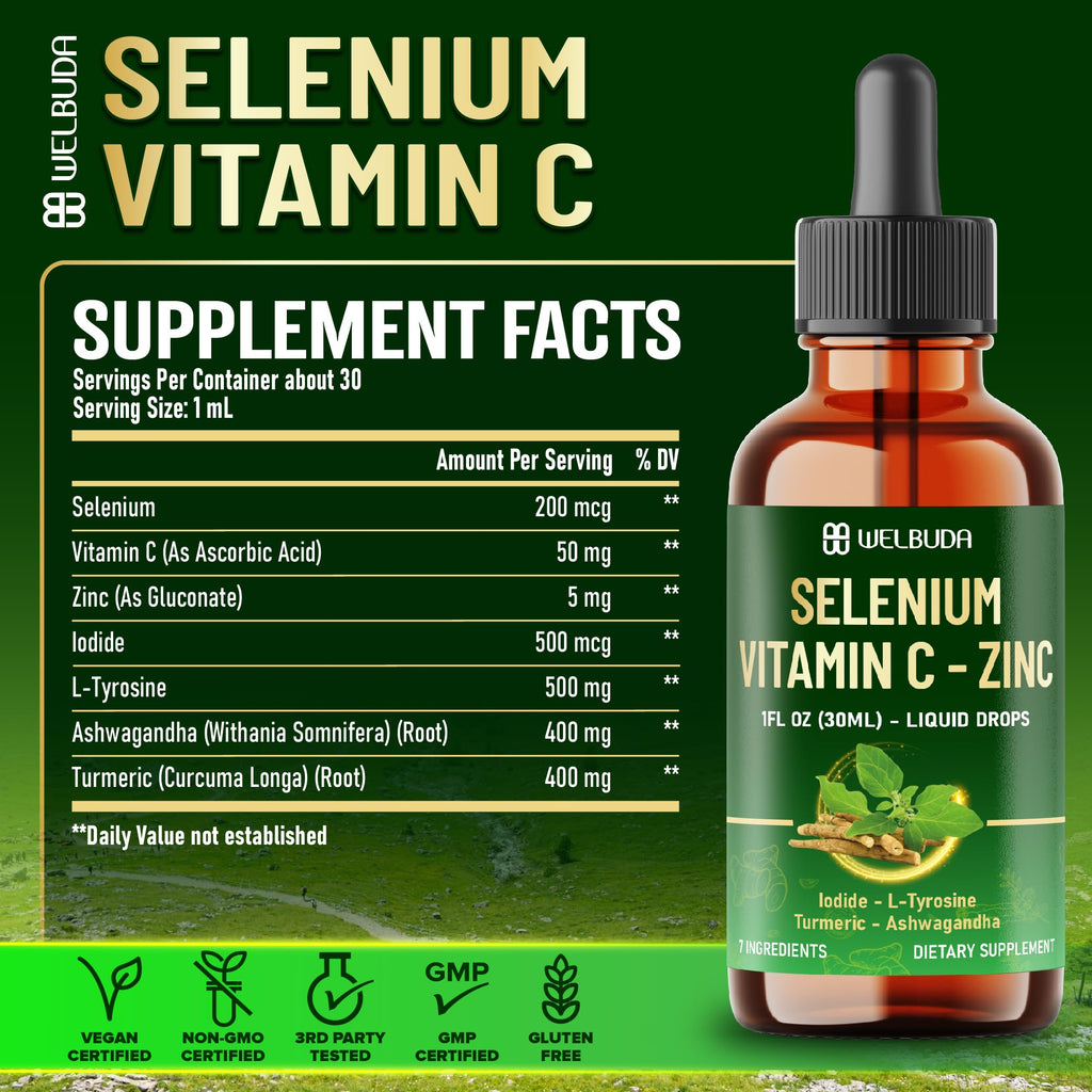 Selenium Liquid Drops with Vitamin C, Zinc, Iodine, L-Tyrosine, Ashwagandha and Turmeric B9691