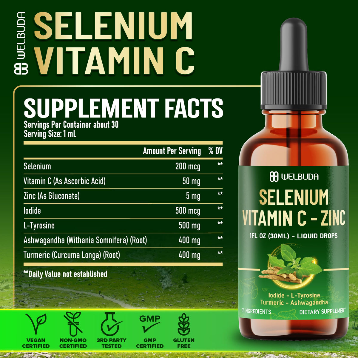 Selenium Liquid Drops with Vitamin C, Zinc, Iodine, L-Tyrosine, Ashwagandha and Turmeric B9691