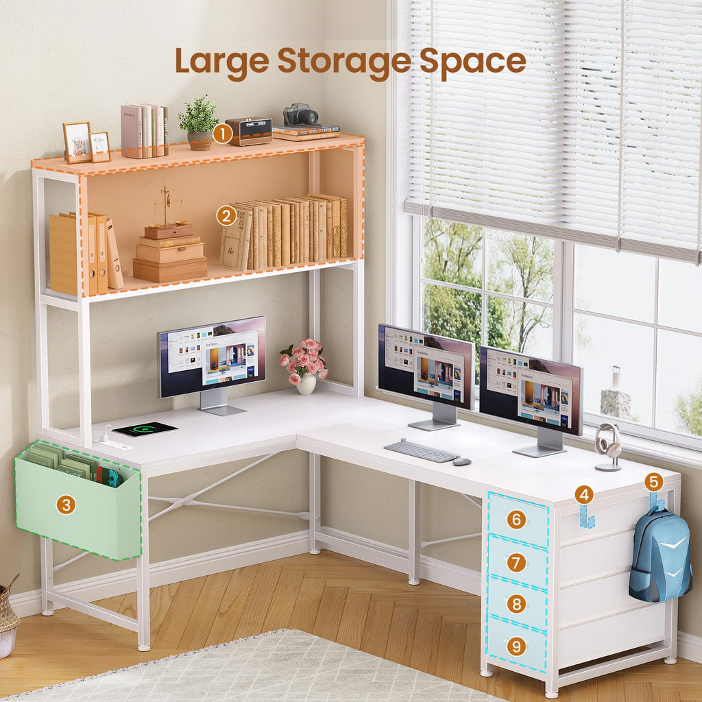 L Shaped Corner Desk with 4 Drawer, Power Outlet & LED Lights, White K879258