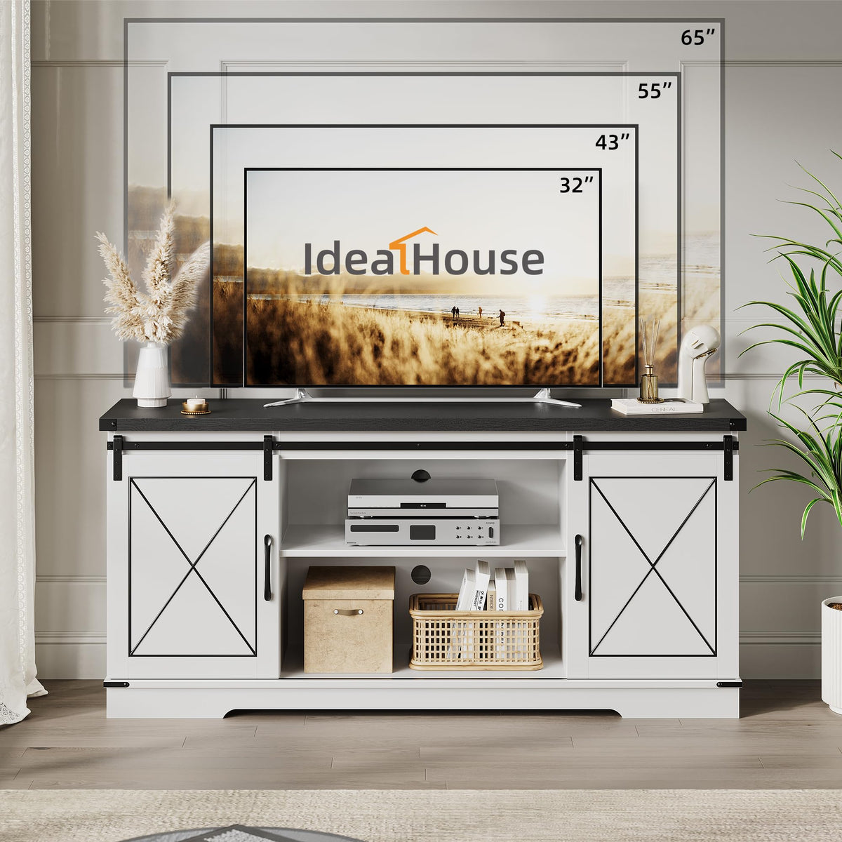 Farmhouse TV Stand with Sliding Barn Doors and Adjustable Shelves Y7326