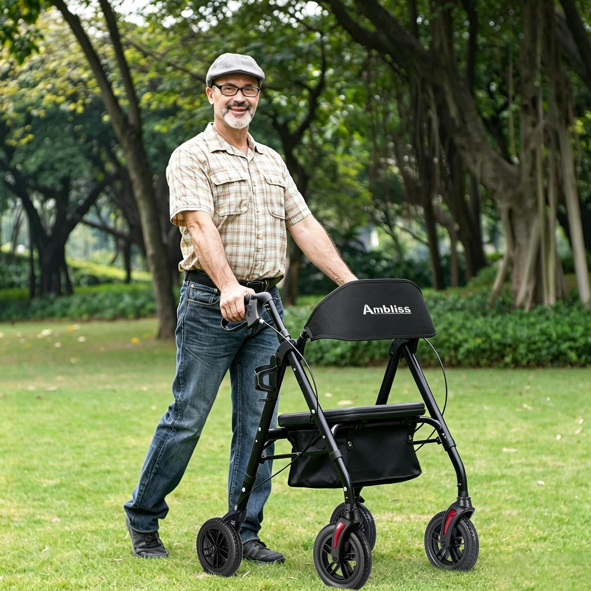 Lightweight Folding Rollator Walker with Seat, 10" All-Terrain Wheels, Black B972418