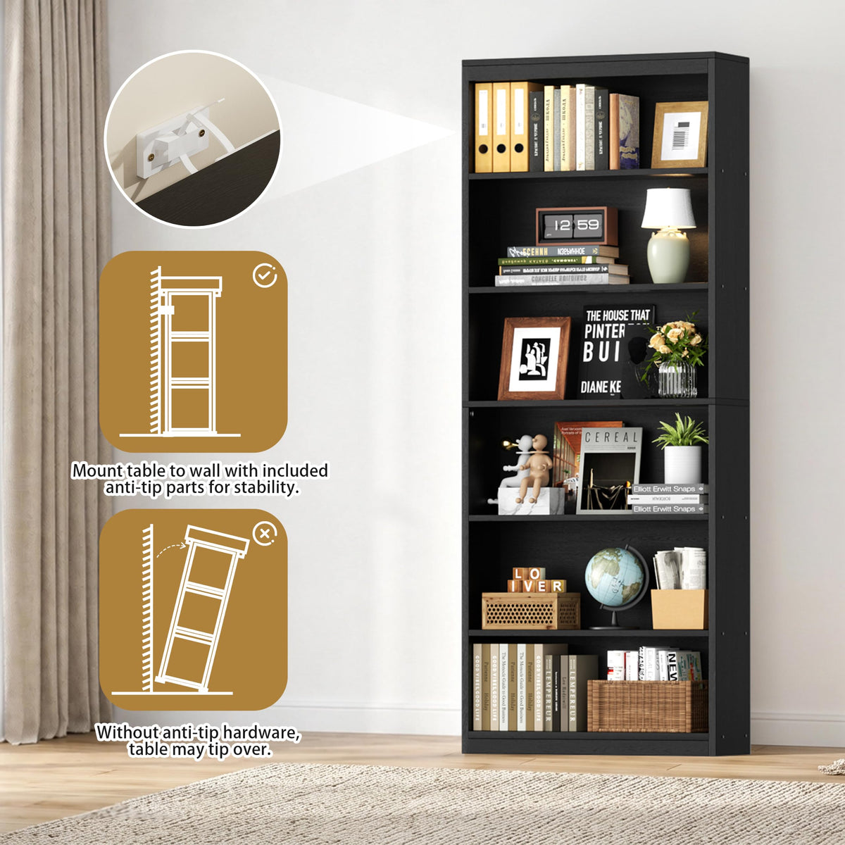 6-Tier Black Wood Bookshelf P7570
