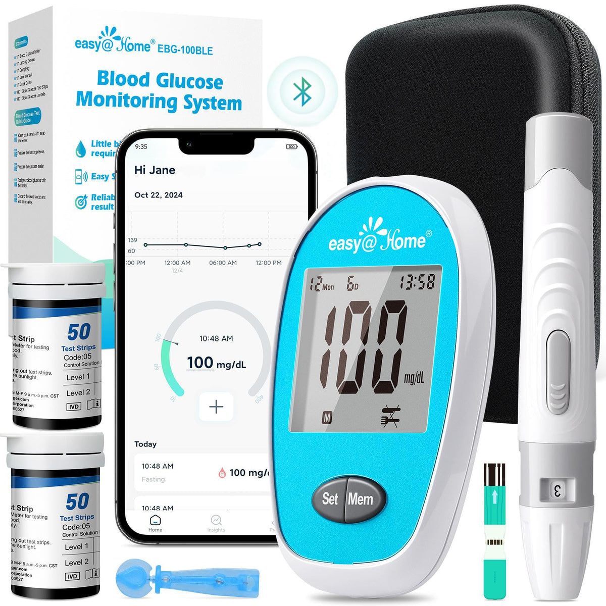 Wireless Glucose Monitor Kit, 100-Strip Blood Sugar Testing Kit Z7304