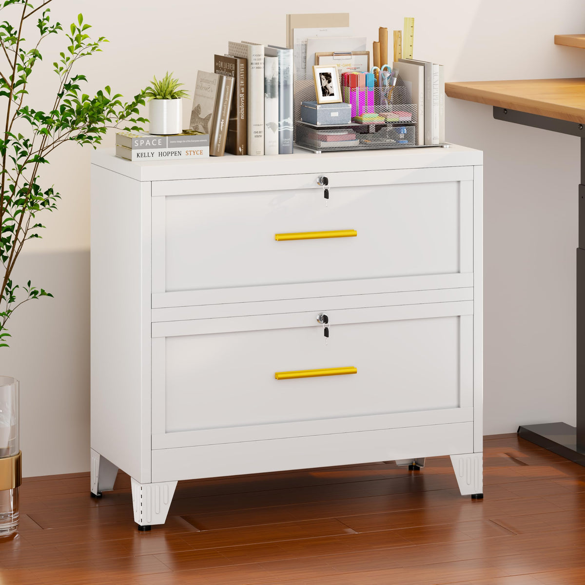White 2 Drawer Metal Lateral File Cabinet with Lock E81081