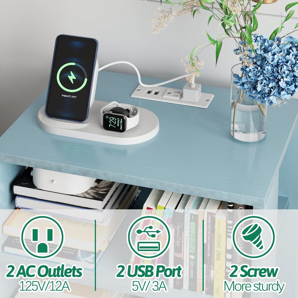 Blue Nightstand with Charging Station, 2-Tier Wooden Bedside Table V79515