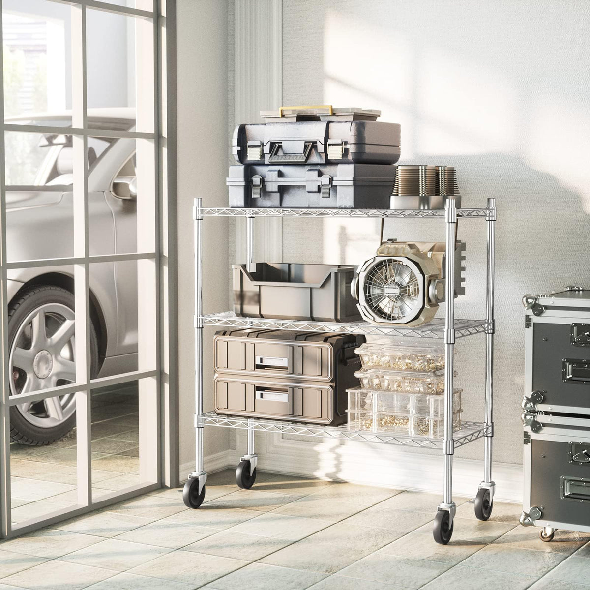 3-Tier Heavy Duty Metal Storage Shelves with Casters J140
