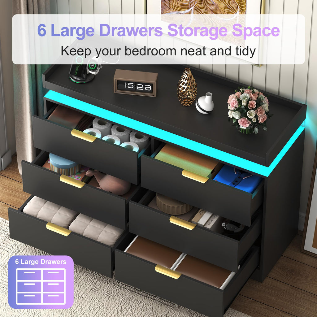 Black 6 Drawer Wood Dresser with LED Lights and Power Outlet L142
