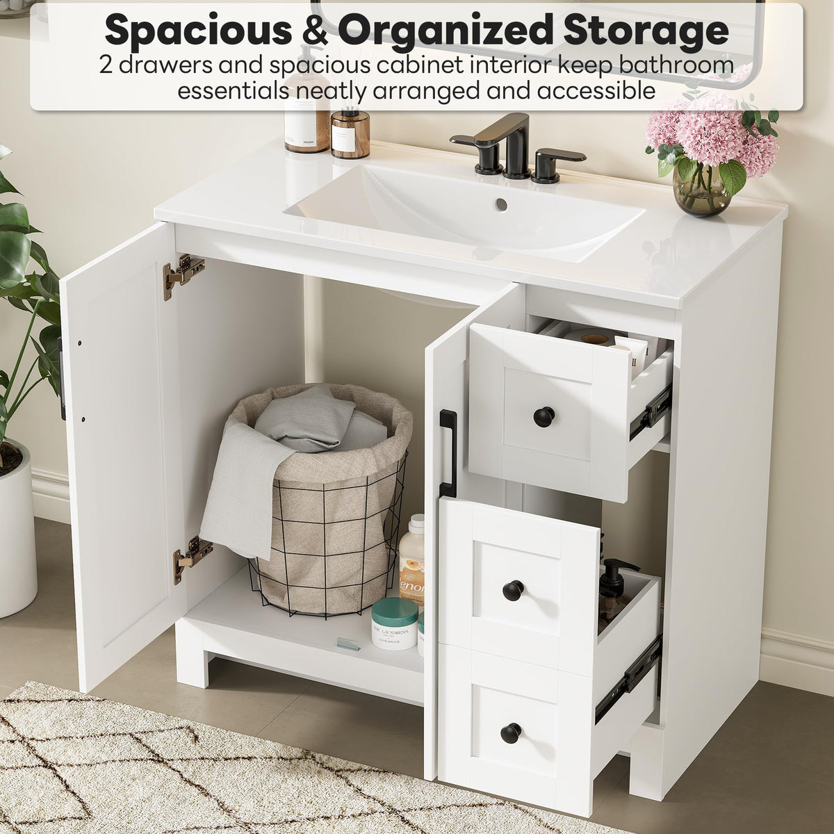 36" White Bathroom Vanity with Sink, 2 Soft-Close Drawers & Doors X720100