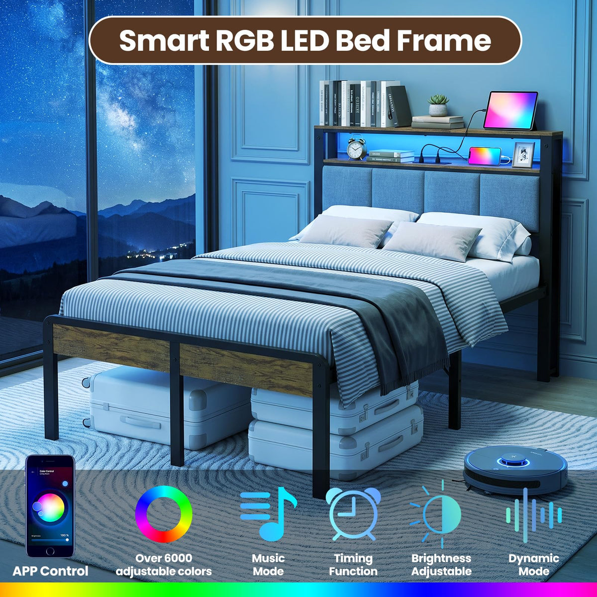 Twin Bed Frame with 18-Inch Under-Bed Storage and RGB LED Lights E2433