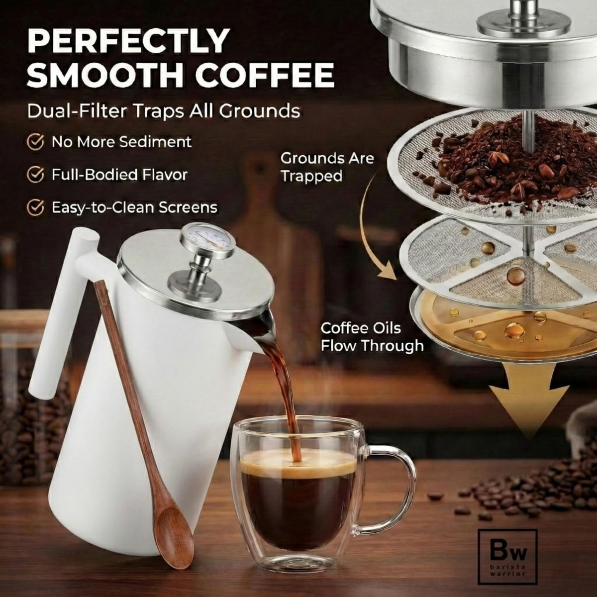 White Double-Wall Stainless Steel Insulated French Press with Thermometer P175