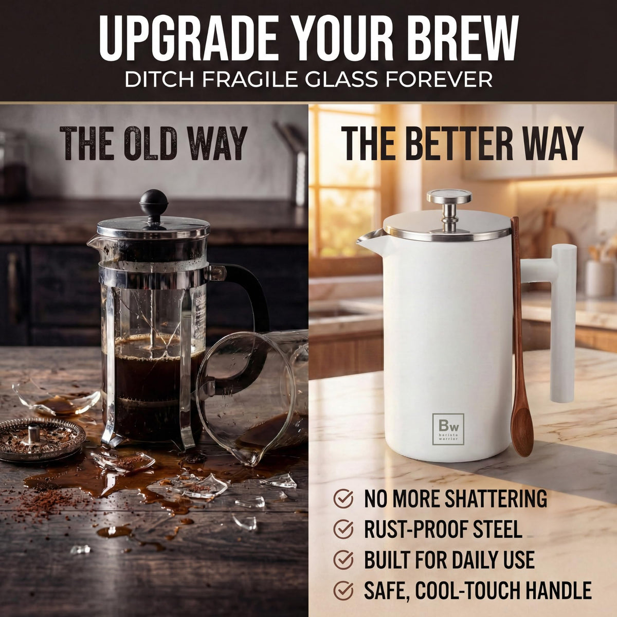 White Double-Wall Stainless Steel Insulated French Press with Thermometer P175