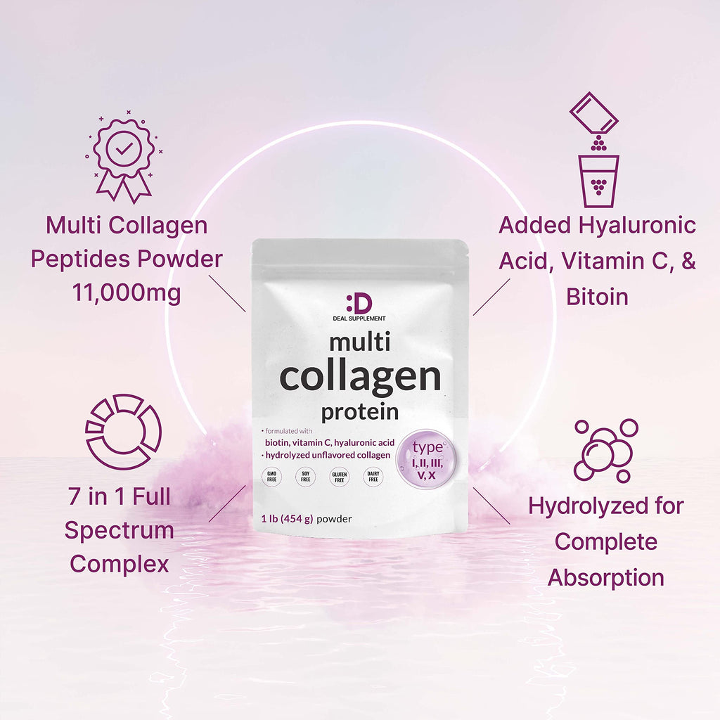 Multi Collagen Protein Powder, 1Lb Type I II III V X Peptides with Biotin Vitamin C & Hyaluronic Acid, Unflavored Z3106