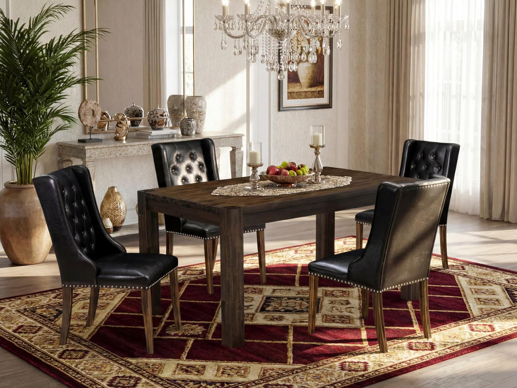 5 Piece Rustic Wood Dining Table Set with 4 Black Faux Leather Chairs W99654