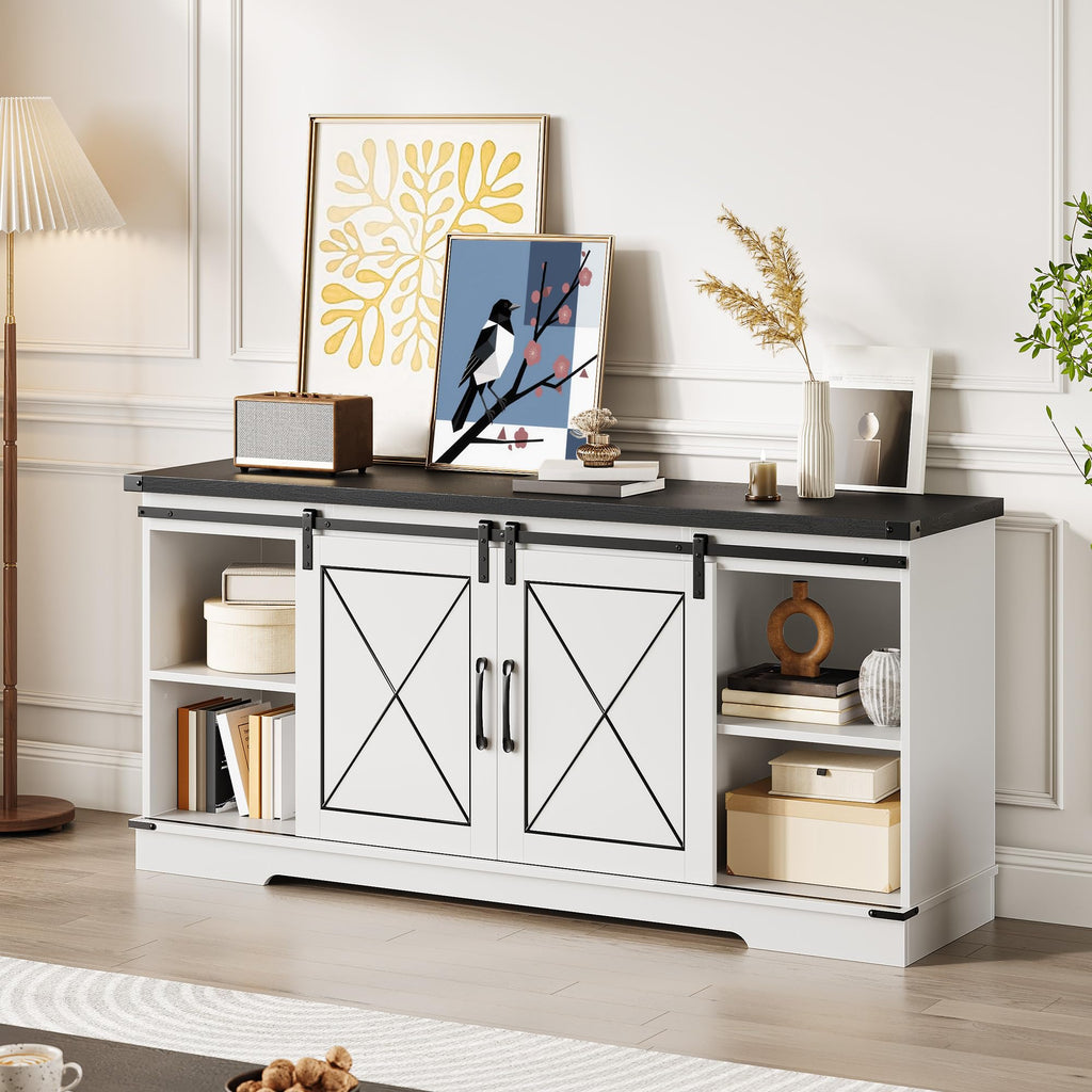 Farmhouse TV Stand with Sliding Barn Doors and Adjustable Shelves Y7326