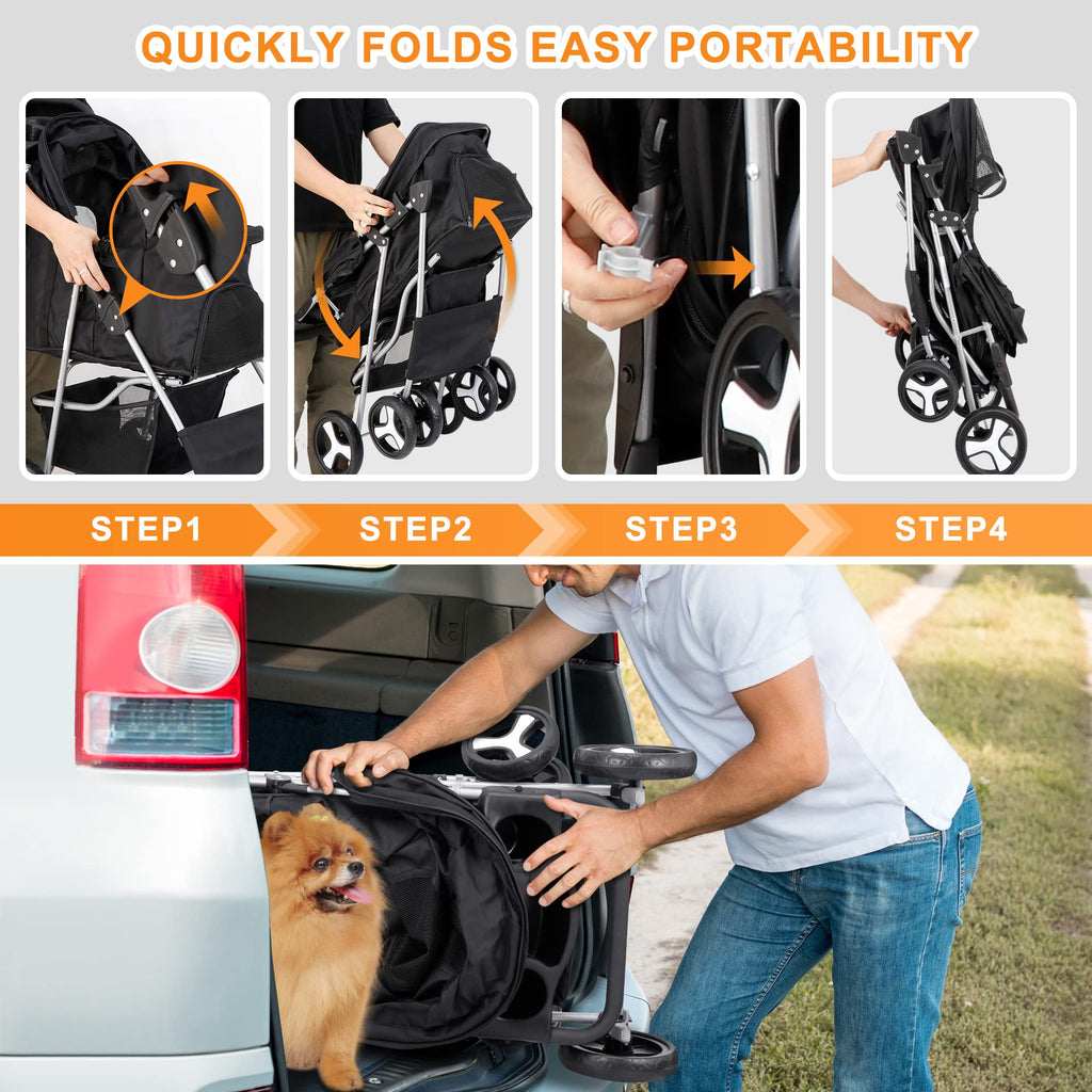 4 Wheels Foldable Pet Stroller with Storage Basket and Cup Holder M24985