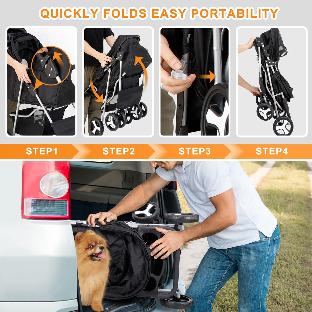 4 Wheels Foldable Pet Stroller with Storage Basket and Cup Holder M24985
