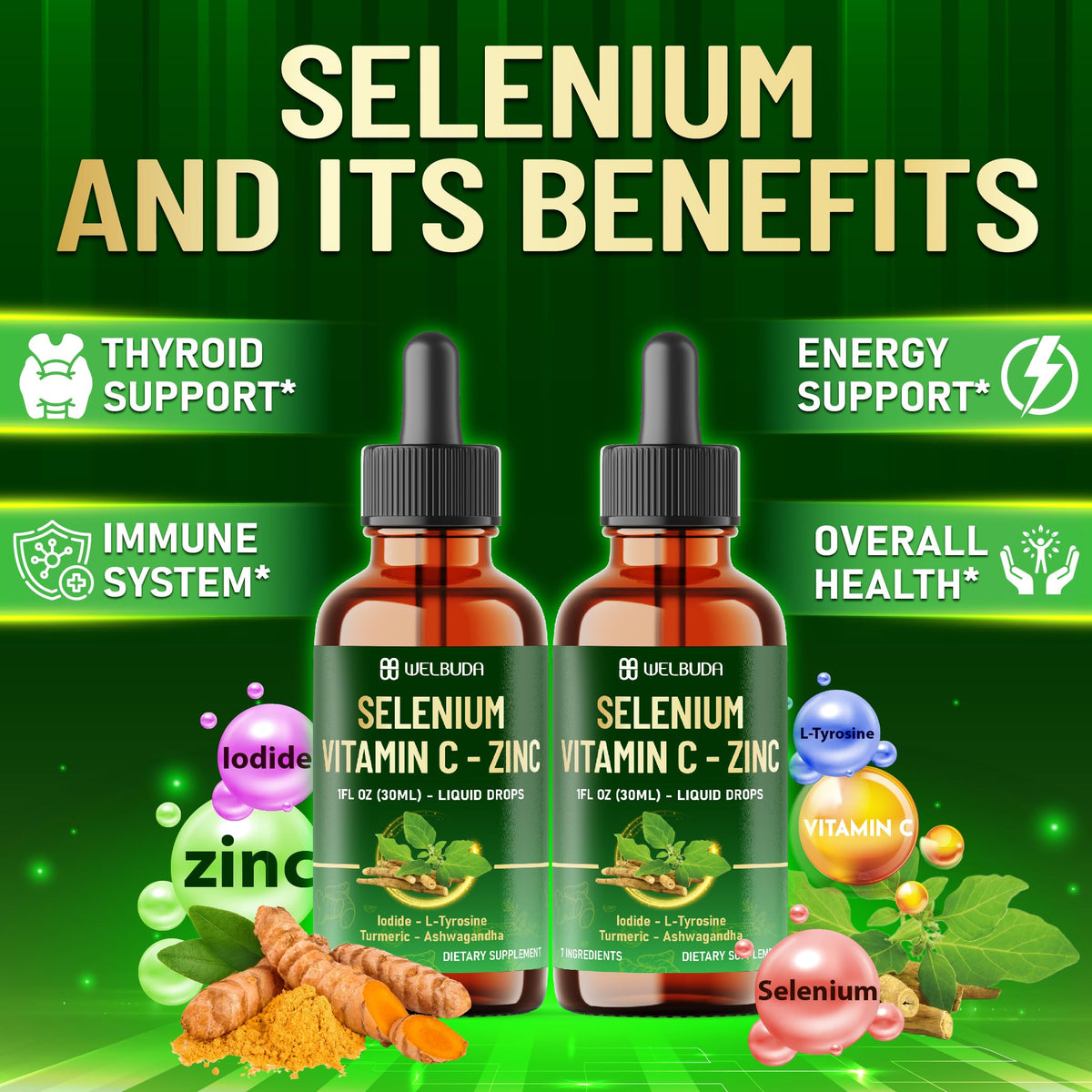 Selenium Liquid Drops with Vitamin C, Zinc, Iodine, L-Tyrosine, Ashwagandha and Turmeric B9691