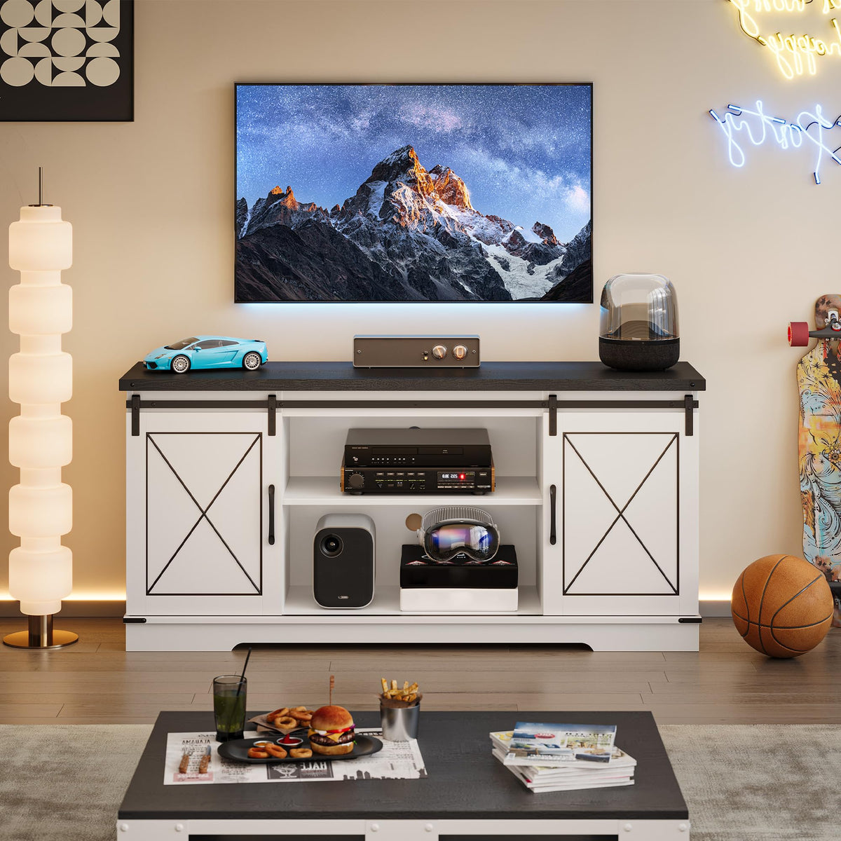 Farmhouse TV Stand with Sliding Barn Doors and Adjustable Shelves Y7326