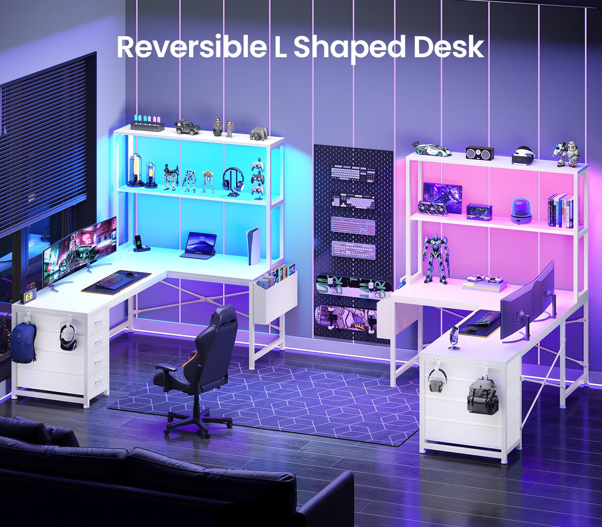 L Shaped Corner Desk with 4 Drawer, Power Outlet & LED Lights, White K879258