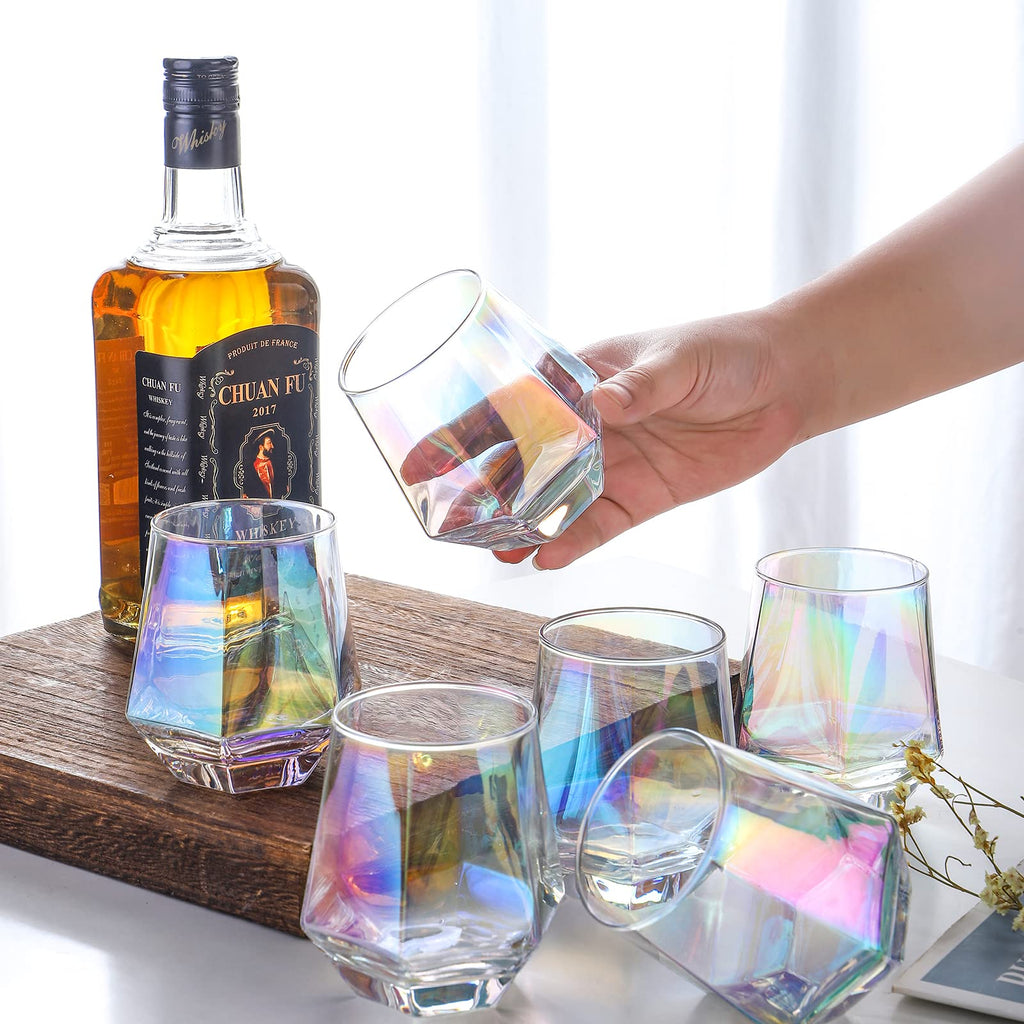 Stemless Wine Glasses Set of 6, 10 Oz Iridescent Diamond Shaped Glassware Q405594